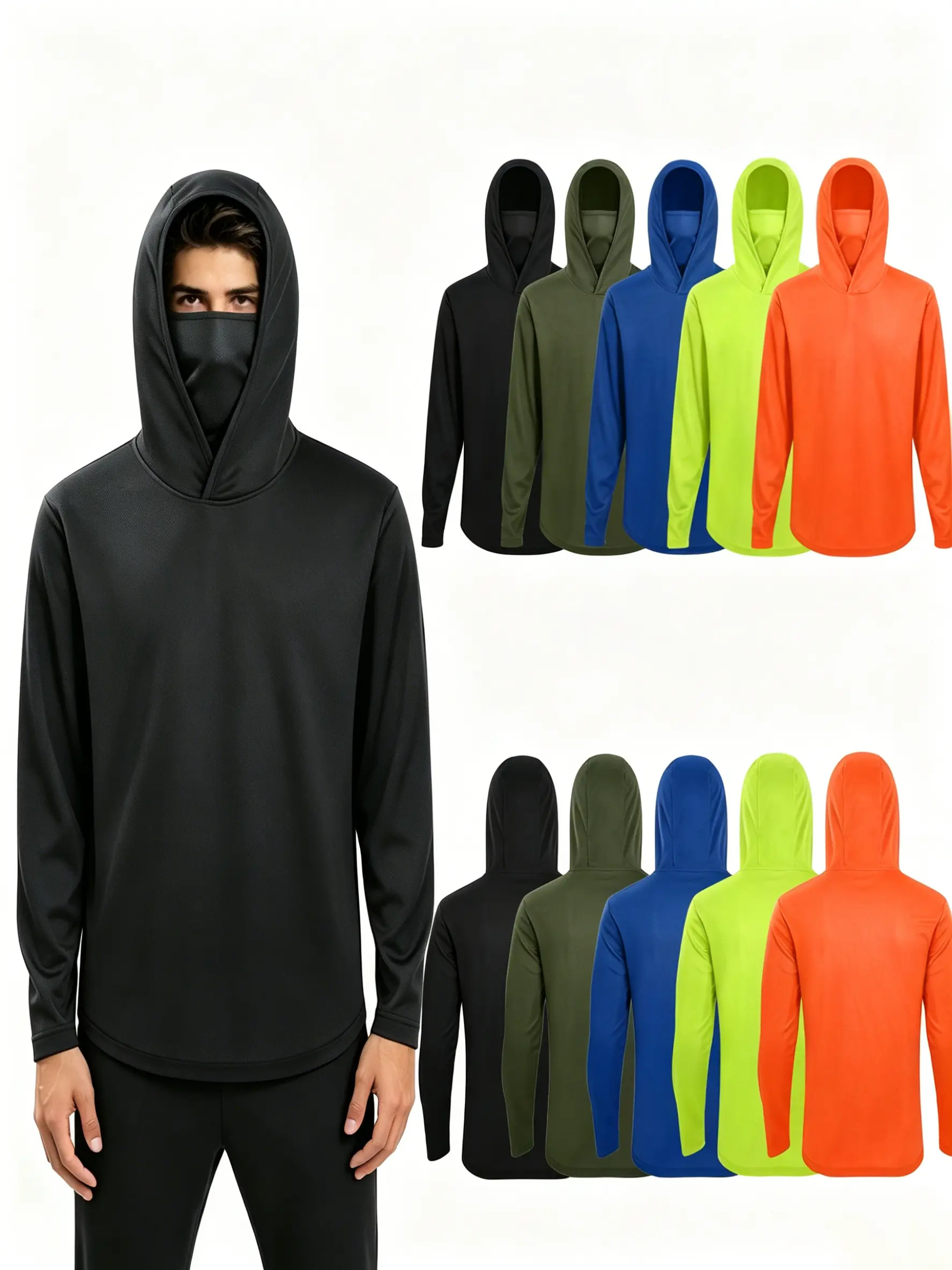 Men's UPF 50+ Sun Protection Hoodie with Built-in Face Mask - Quick Dry, Breathable Long Sleeve Casual Top for All Seasons, Fishing, Field Work, Fluorescent Yellow, Black*5, Lightweight Breathable Fabric Men's Long Sleeve T-Shirts, Hiking, 4-Way Stretch,,