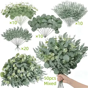 50pcs Artificial Flowers Mixed with Eucalyptus and Stems, 4 Types of Eucalyptus Leaves, DIY Decorative Bouquet Flower Arrangement, Home Decor