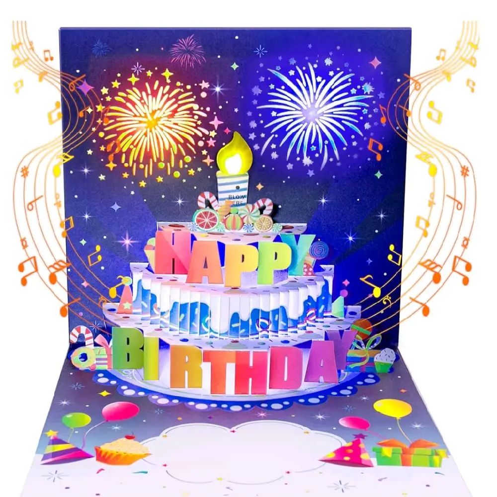 3D Musical Birthday Pop-Up Card with LED Fireworks, Blow-Out Candle, Pen & Free Banner