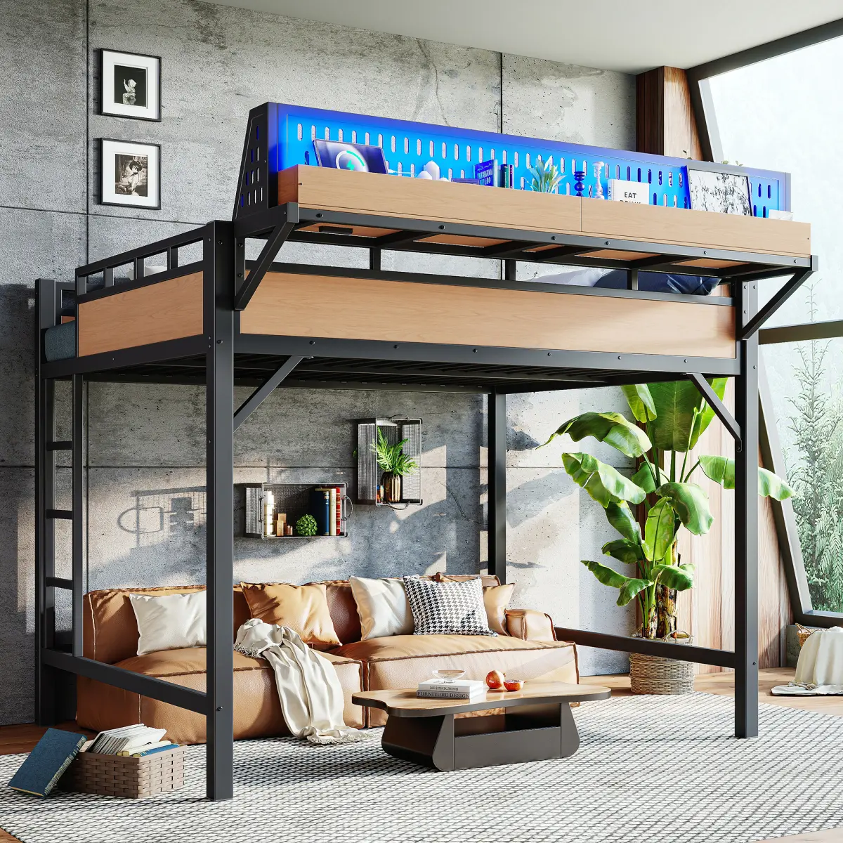 Queen Loft Bed Frame with Storage Shelves and Pegboard, Heavy-Duty Metal Loft Bed with USB Ports and LED Lights, Safe and Sturdy, Noise Free, Natural