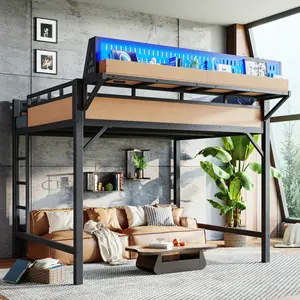 Queen Loft Bed Frame with Storage Shelves and Pegboard, Heavy-Duty Metal Loft Bed with USB Ports and LED Lights, Safe and Sturdy, Noise Free, Natural
