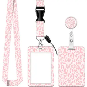 ID Badge Holder with Lanyard, Retractable Badge Holders Reels with Lanyards Adjustable, for Women  Teacher   Student( Leopard)