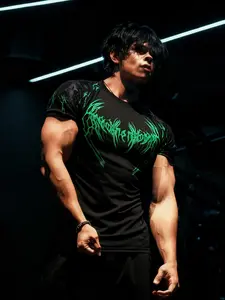 Men's Gothic Flame Print Sporty T-Shirt, High Stretch Quick-Dry Breathable Fabric, Slim Fit Muscle-Enhancing Design, Gym Running Streetwear
