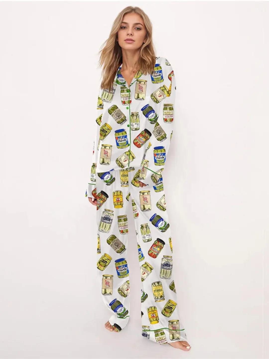 Vintage Canned Pickles Satin Pajama Set For Women