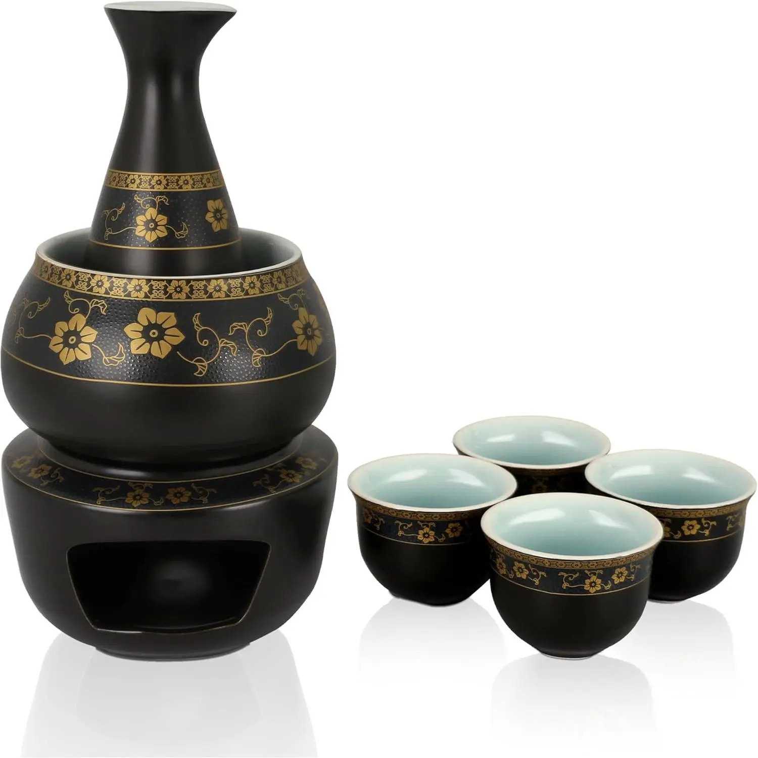 7pcs Ceramic Japanese Sake Set with Sake Carafe 4 Sake Cups Sake Warmer Candle Stove (Black)