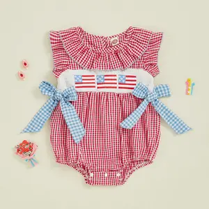 4th of July Baby Girl Outfits Infant USA Flag Embroidery Smocked Plaid Bubble Romper Peter Pan Collar Bow Onesies Bodysuit