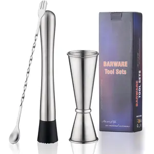 Premium 3 Piece Silver Mixing Tools Set for Drinks 10 Inches Bar Spoon 1 oz 2 oz Double Jigger Muddler for Cocktails