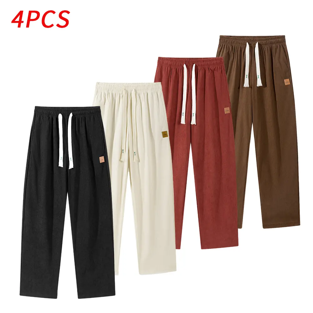 Men's Classic Straight Leg Pants, Pack of 4 Loose-Fit Drawstring Summer Clothes, Breathable for Cool All-Day Wear, Elegant, Outdoor