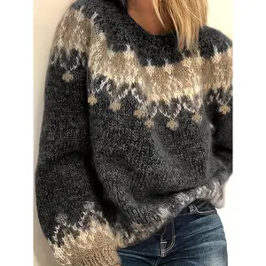 Ethnic Pattern Pullover Knitted Sweater, Casual Long Sleeve Crew Neck Sweater For Fall & Winter, Women's Clothing