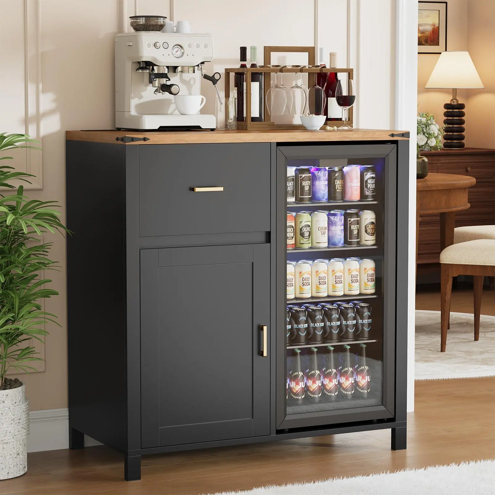 GAOMON Mini Fridge Cabinet, Coffee Bar & Bar Cabine with Mini Fridge Space, Coffee Station with Power Outlet, Drawer & Storage Cabinet, Adjustable Shelf, for Living Room, Dining Room, Office