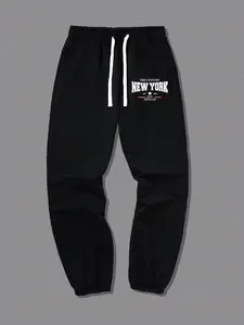Men's New York Letter Print Drawstring Waist Sweatpants, Casual Pocket Jogger Pants for Men, Summer Clothing