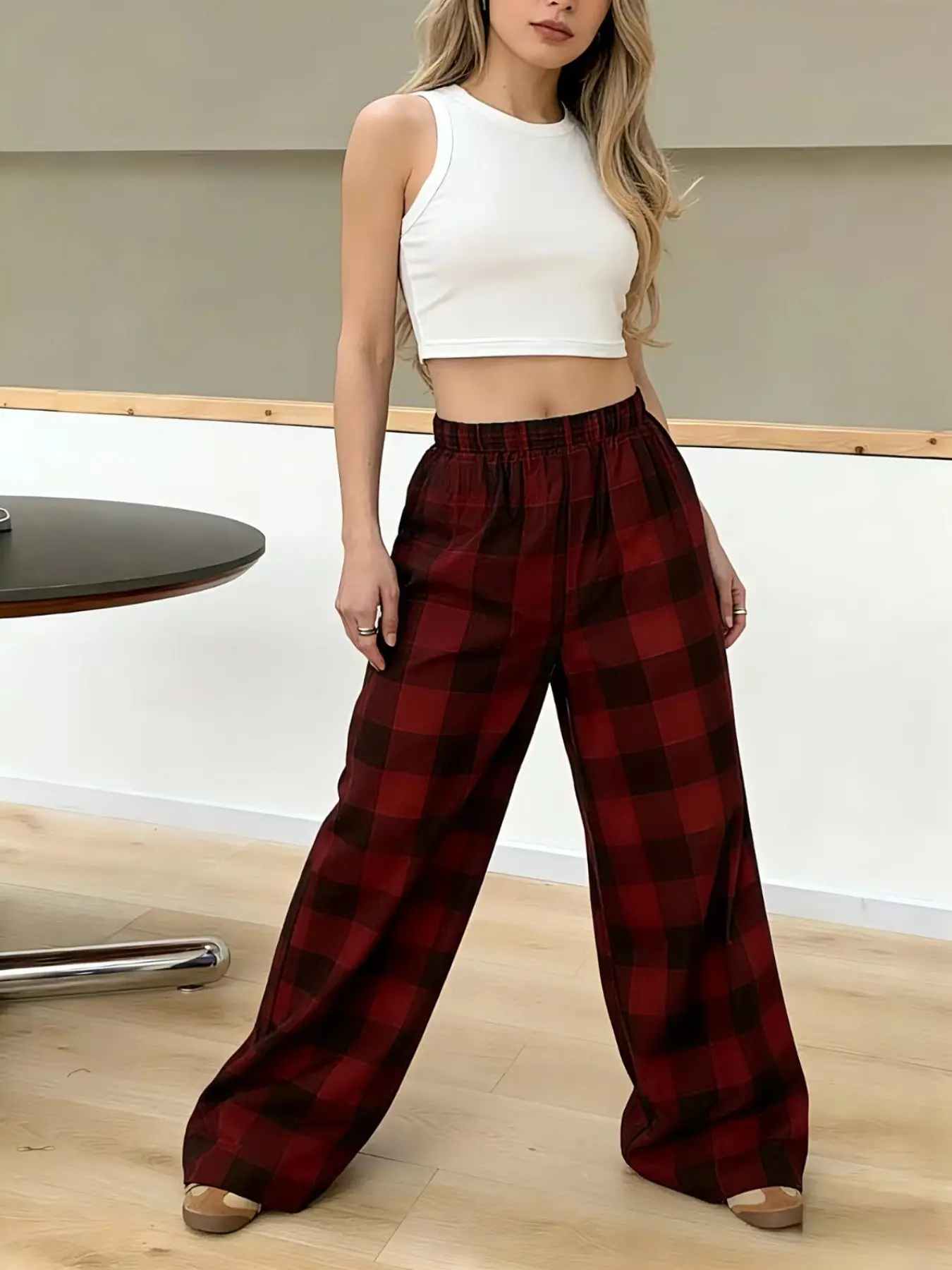 Red Black Plaid Wide Leg Pants, Elastic Waist Casual Trousers, Loose Fit Streetwear Bottoms, Perfect for Daily Wear, Street Style & Lounging, Trendy Buffalo Plaid Pants for All Seasons, Must-Have High Waist Wide Leg Pants, Casual Fashion Pants