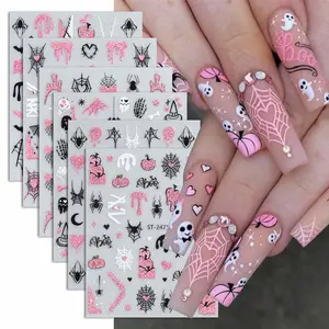6pcs Halloween Nail Stickers Set, Pumpkin Spider Web Skull Bat Designs, Medium Nail Fit, DIY Self-Adhesive Nail Art Sheet for Women Girls Holiday Gift