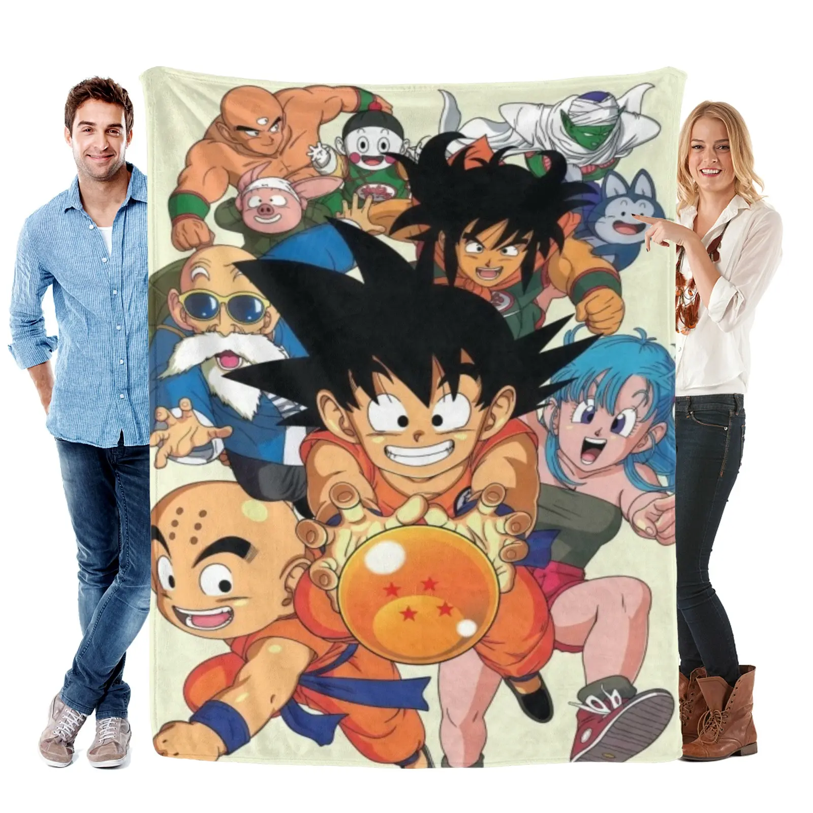 [Summervibes] Young Goku Holding Four Star Dragon Ball Blanket, Lightweight Flannel, Classic Dragon Ball Blanket Gift For Anime Collectors