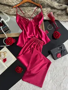 Valentine's Day Women's Comfortable Lace Splicing Tank Top + Casual Pants, Fashion Sleepwear, Soft Home Clothes, All Seasons, Pajamas