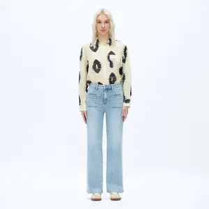 Women’s Retro Medium Wash High-Waisted Wide-Leg Jeans, Straight Fit Denim Trousers with Patch Pockets, Casual All-Season Streetwear m&m