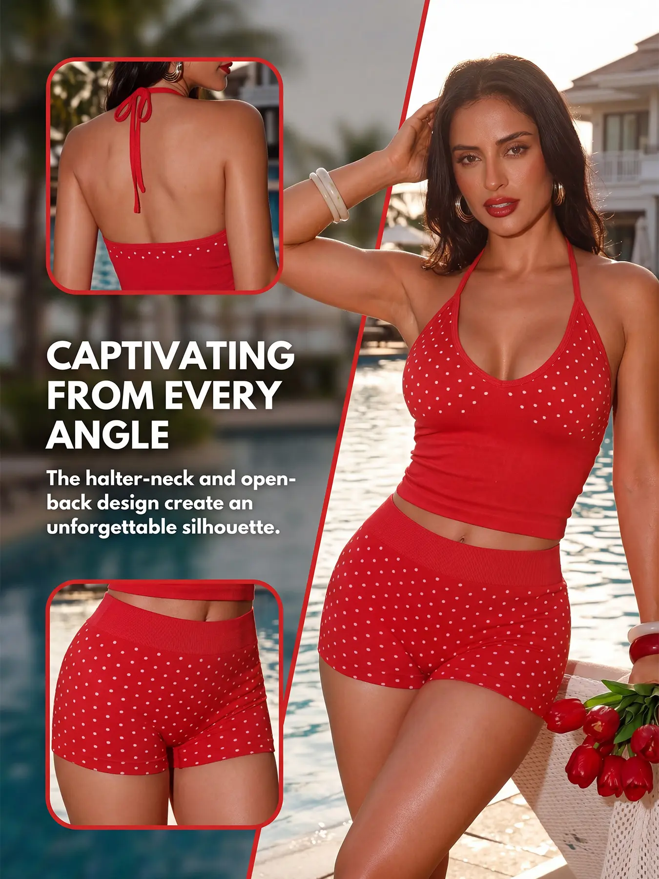 Women's 2-Piece Aesthetic Fashion Crop Set, Polka Dot Halter V-Neck Tie Cropped Top & High-Waist Slim Shorts, Breathable High-Stretch Skin-Friendly Cotton Blend, Backless Exposure-Preventing Minimalist Vibe Casual Outfit for American Women Cutout Clothes