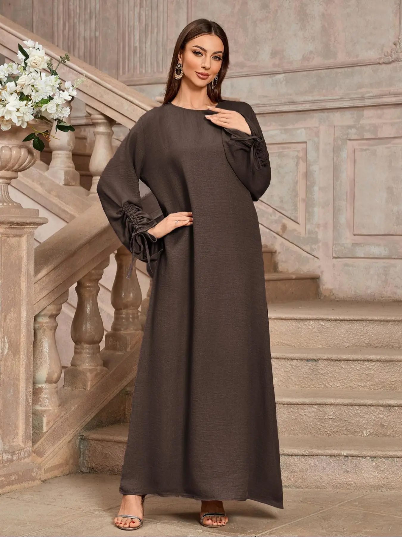 Women's Plain Drop Shoulder Long Sleeve Dress, Elegant Modest Fashion Casual Crew Neck Long Dress for Daily Outdoor Wear, Women's Islamic Clothing for