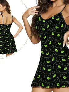 Women's Spooky Cat Eye Print Casual Sleep Dress, Round Neck Stretch Slim Fit Nightgown, Comfortable Sexy Summer Homewear, Trendy Loose Long Dress, Soft Breathable Pajamas