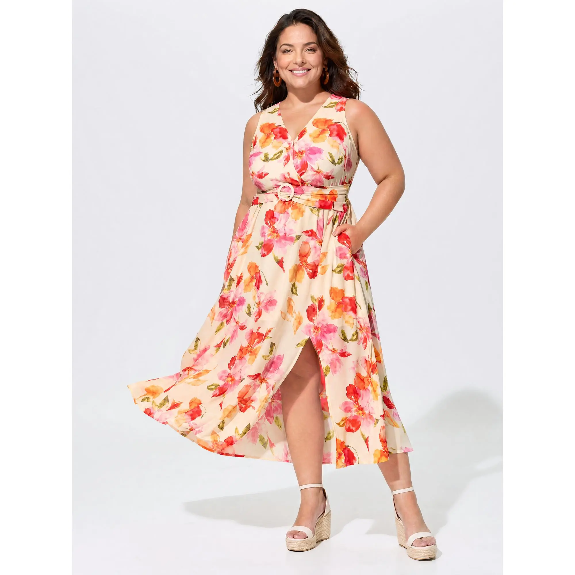 BloomChic Women's Plus Size Floral Midi Dress, Sleeveless Supersoft Polyester Fabric with a Smocked Bodice and Split Hem, Casual Resort Fit, Smooth, Garment, Pocket, Low Iron, Curvy Dresses Plus Size, Cold Wash, Machine Washable, Pull On
