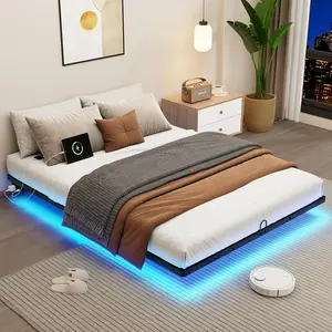 Full Size Floating Metal Bed Frame with  LED Lights &  Station, Metal Platform Bed Base No Box Spring Needed, Easy Assembly, Noise Free