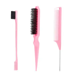 3  Slick Back Hair Brush with Rat Tail Comb, Edge Brush, Bristle Brush, Teasing Brush Set for Sleek Ponytail/Bun, Edge Control and Smoothing  Hair & Flyaways - Pink