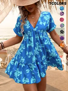 Dresses for Women, Summer 2025 V Neck Oversize Floral Print Batwing Short Sleeve Dress, Casual Trendy Short Beach Dress, Perfect for Summer Holidays and Leisure Activities