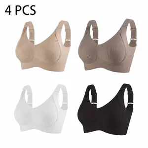4PCS Women's Solid Four-breasted Adjustable Wireless Bra - Soft Comfortable Breathable Minimalist Ribbed Seamless Lingerie, Wire-Free with Adjustable Straps for Daily Wear & All Seasons