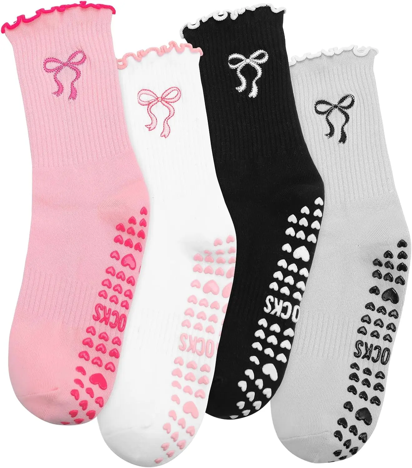 Jspupifip 4 Pairs Cute Pilates Grippy Socks for Women, Ruffle, Non-Slip | 80% Cotton, Non-Slip Grip, Ruffle, Crew Grippy Socks, Yoga, Pilates Barre, Hospital, Home, Women'S Athletic Socks