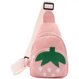 P-CBP02     Pink Strawberry Sling Backpack, Small Backpack for Girls, Kawaii Bag, Lightweight Canvas, Adjustable Shoulder Strap, Zipper, 8x5x2 inches