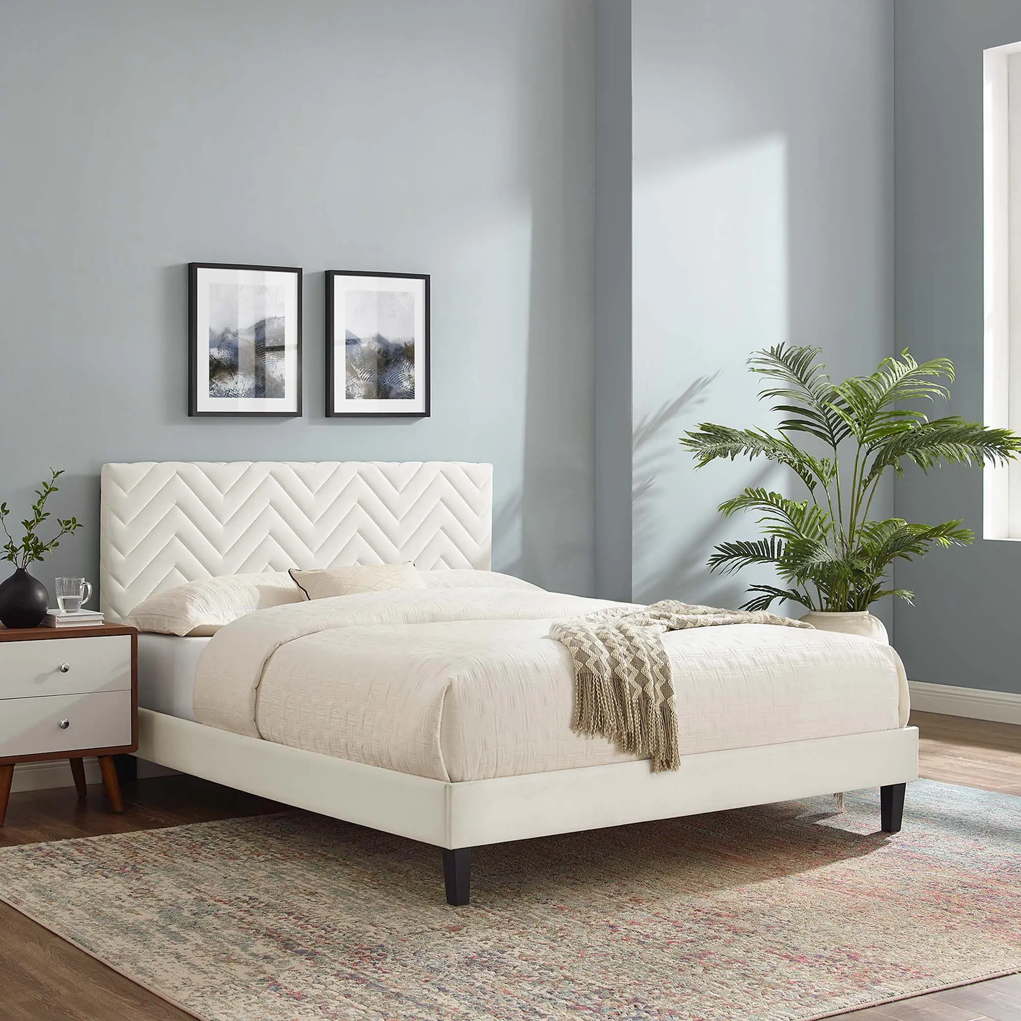 Modway Leah Chevron Tufted Performance Velvet Twin Platform Bed in White