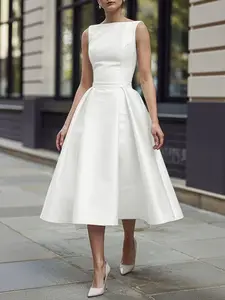 ZANZEA Women's Casual Dress, Plain Solid Sleeveless Round Neck, Loose-Fitting Waist Design, Woven Fabric, Ideal for Everyday Wear