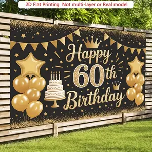 Gold 60th Birthday Banner, Balloon and Confetti Elements, Polyester Material, Party Wall Decor, Ideal for Photoshoots and Celebrations