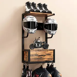 Wall-Mounted Motorcycle Helmet Holder Rack with Drawer, 4 Glove Chips & Hooks Motorcycle Gloves Motorcycle Riding Jacket Holder Rack