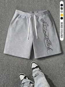 Unisex Light Knit Shorts, Retro Style with Letter Print, Loose-Fitting Waistband Drawstring Design, Streetwear Fashion for All Seasons