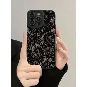 Lace Painted Hollow Black Simple Fashion Anti-Fall Phone Case Compatible With IPhone 16/11/16pro/16plus/16promax/16e/15Promax/13/14/12/XS/XR/7G/8P