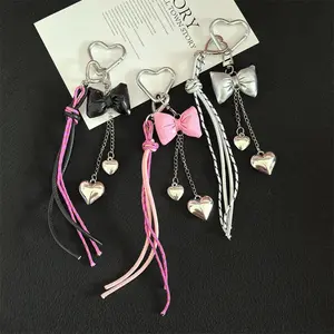 PU Leather Bow Bag Charms Hand-Woven Nylon Rope Heart-shaped Mobile Pendant Ins Y2K Single Button Tassel Keychain Home Decor
