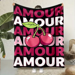 Amour Cherry Print Throw Blanket, Soft Flannel Fleece Blanket, Warm Breathable Napping Blanket for Home, Office and Travel, Cozy Bedroom Decor, Soft Blanket, Soft Comfy Blanket