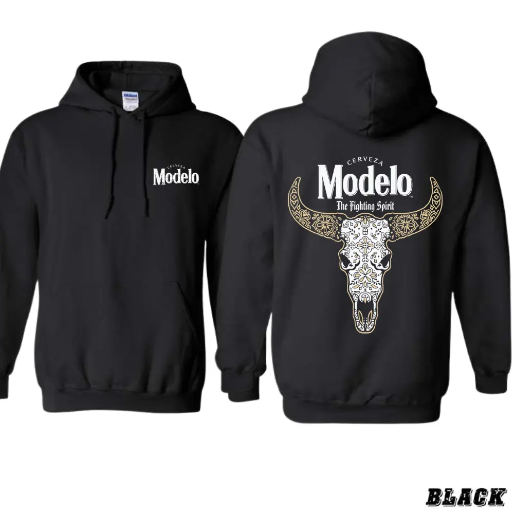 Modelo Skull Hoodie – Cerveza Modelo Black Pullover with Ornamental Bull Skull Graphic, “The Fighting Spirit” Bold Western Design, Unisex Streetwear for Beer Lovers and Rodeo Fans