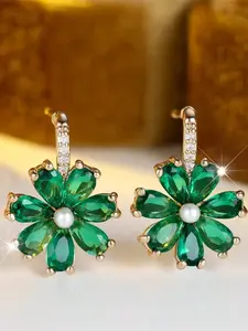 Green zirconia daisy flower simulated pearl High Quality Earrings for women vintage gold color wedding earring valentine's day jewelry gift