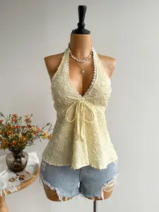Women's Halter Top, Solid Color 3D Design Tie Waist Short Crop Tank Top, Stylish, Bohemian and Comfortable Upper Garment for Daily Wear