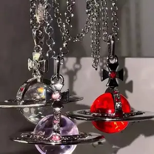 Purple Red Saturn Planet Necklace Gothic Rhinestone Pendant Hip Hop Punk Space Planet Chain Dark Aesthetic Jewelry Gift