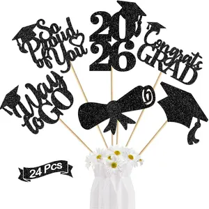 24 count Graduation Centerpieces for Tables: 2026 Graduation Centerpiece Sticks Class of 2026 for Grad Table Decorations Congrats Decorations (Black)