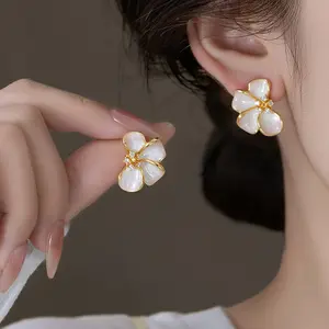 Pink enamel flower earrings DDES0435 with sterling silver pins, unique high-end feel, light luxury temperament earrings, 14K gold-plated