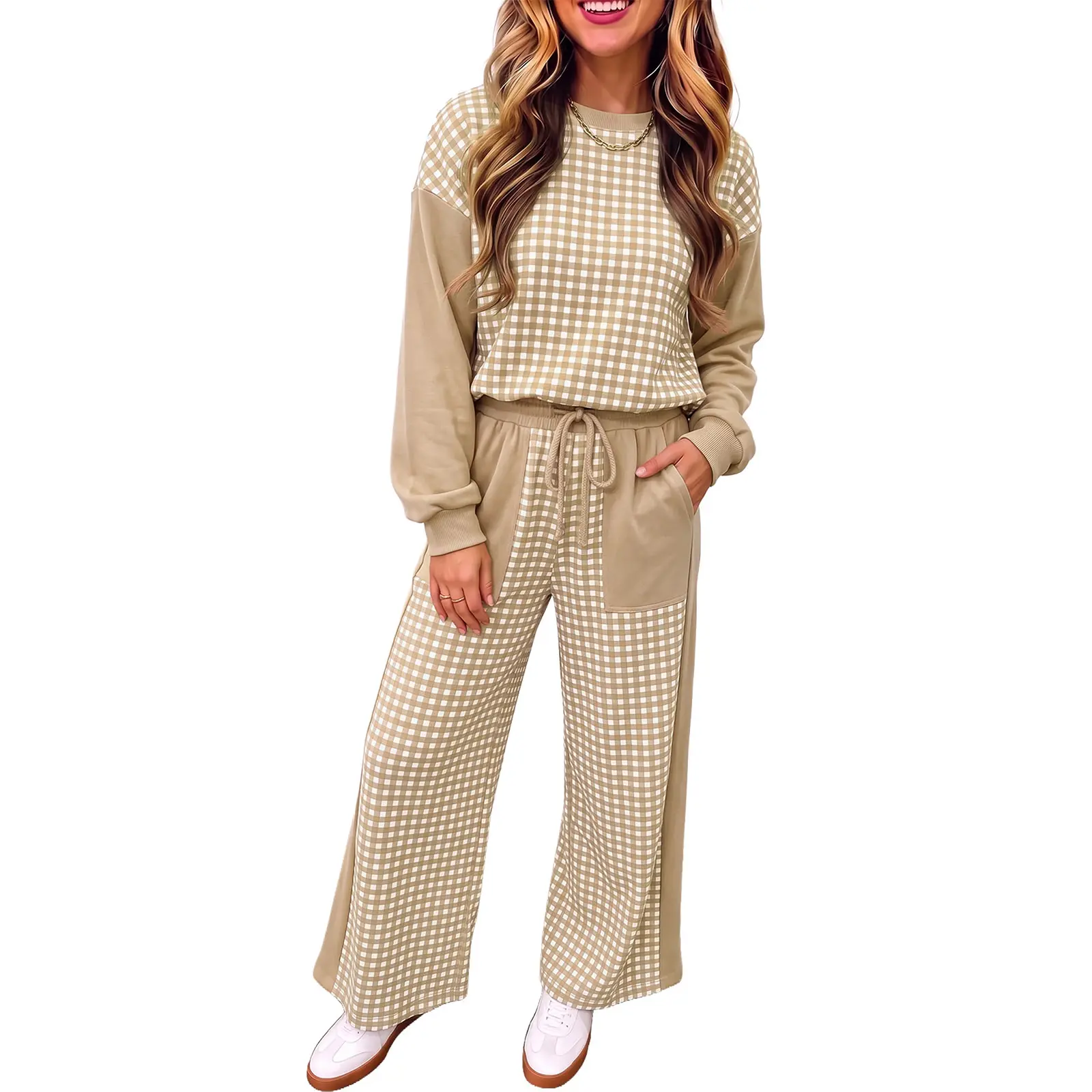 LazyChic Color Block Gingham Patchwork 2 Piece Outfit, Long Sleeve Round Neck Pullover & Drawstring Wide Leg Ankle Pants Set for Women Fall Casual Daily Wear