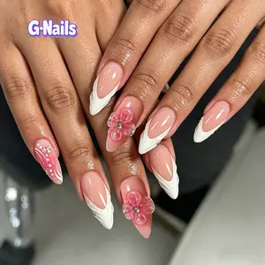 G Nails A31 Pink Almond 3D Crystal Floral White French Tips 10pcs Handmade Press On Nails Reusablenails HandmadeNails