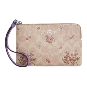 COACH Corner Zip 16 Floral Print Coated Canvas Wristlet for Women in Silver and Sand
