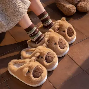 Cotton Slippers for Women Autumn Winter Thick Soled Warm Indoor Outdoor Use with Toe Caps Soft Fuzzy Brown Flipflop Shoe for Girls and Parents