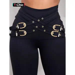 Women’s high-waisted tight leggings with crisscross metal buckle decoration—fashionable, casual, comfortable, breathable skinny pants for daily wear; ladies’ bottoms suitable for all seasons