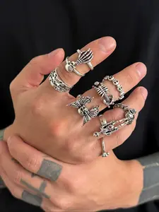 Men's Halloween Punk Skull Spider Bat Ring Set, Creative Metal Dark Aesthetic Rings for Party Dance, Fashionable and Stylish Jewelry Accessories Punk Style Ring
